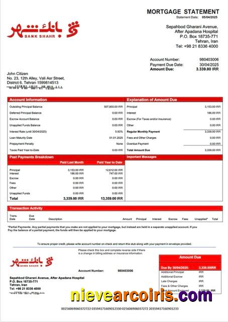 Iran Bank Shahr mortgage statement Word and PDF template